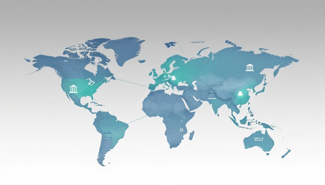 Modern illustration of global payment network with SWIFT lines connecting five bank icons across continents on a subtle world map, data paths in blue-green palette.