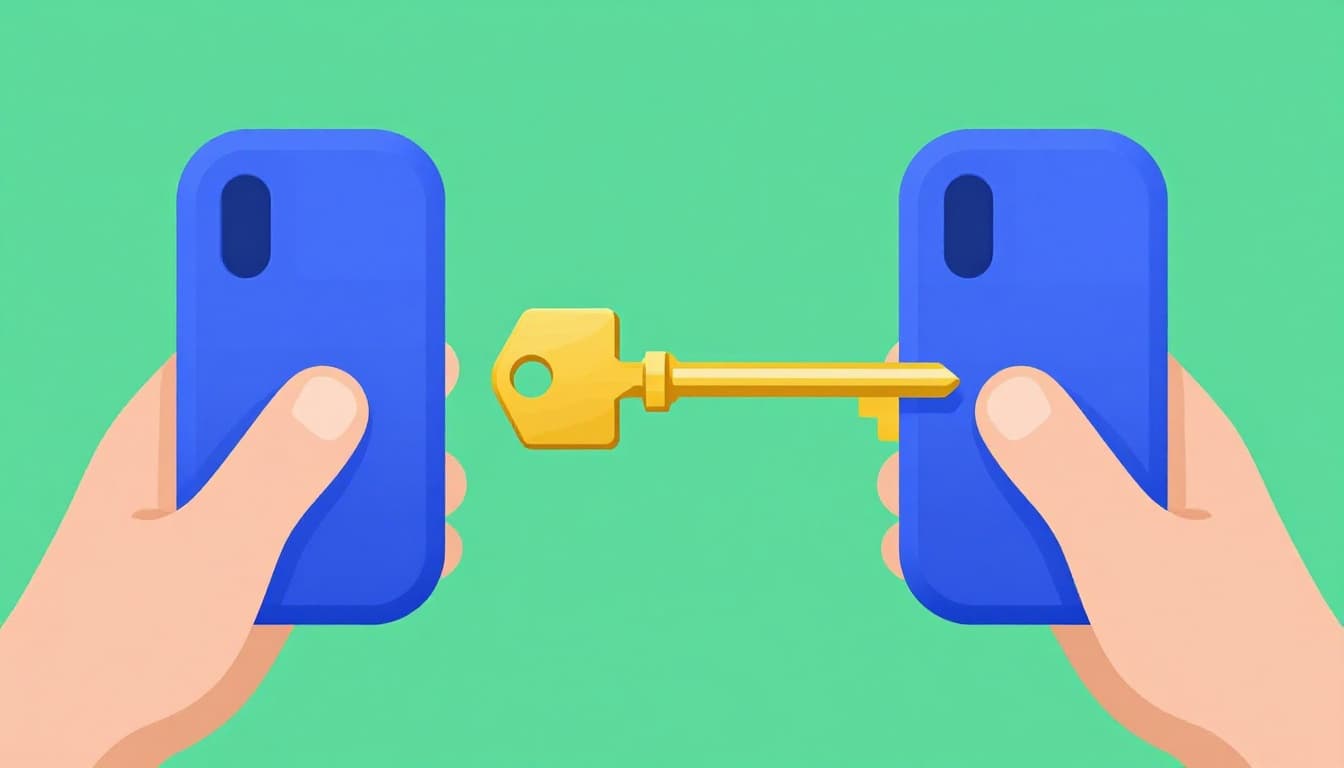 Modern illustration in blue-green tones showing symmetric encryption with one shared key.