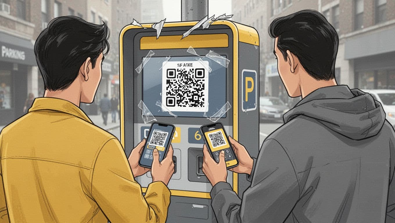 Modern illustration of a fake QR code sticker over a legitimate one on a parking payment kiosk, with a person viewed from behind hesitating before scanning with their phone, using clean shapes, yellow and gray palette in an urban setting.