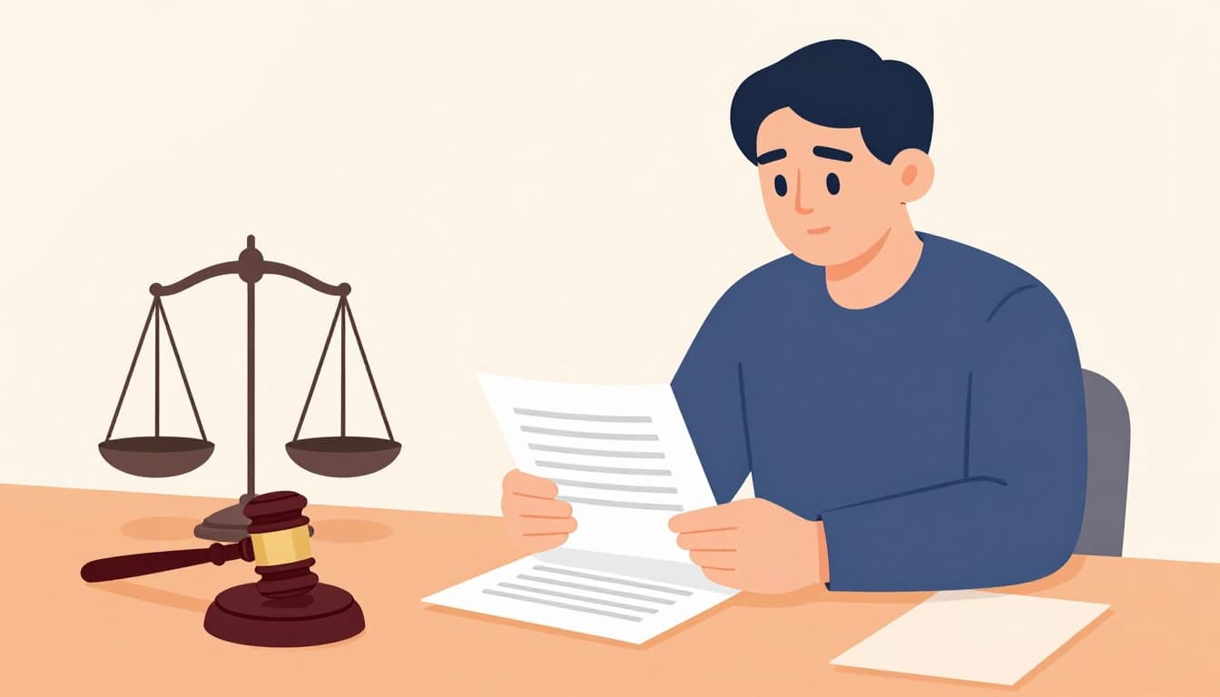 Illustration of a person reading legal documents at a table with gavel and scales nearby, showing a thoughtful expression in a modern clean style using blues and oranges.
