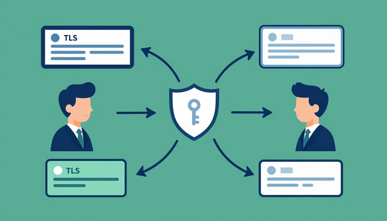 Modern illustration of TLS handshake key exchange forming a secure channel.