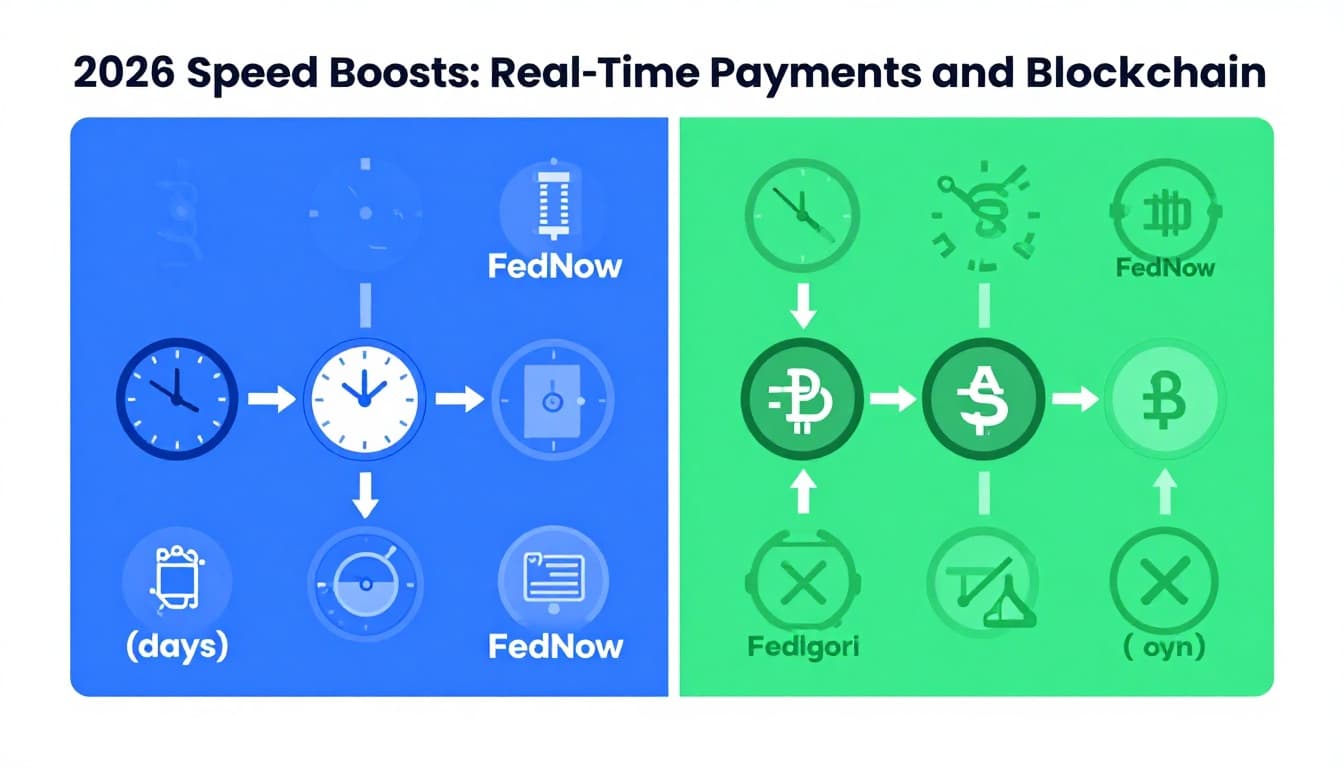 Modern split-composition illustration contrasting traditional payment timelines (days) with real-time payments (seconds), using clock icons, FedNow and blockchain symbols, and connected networks in a clean blue-green palette.
