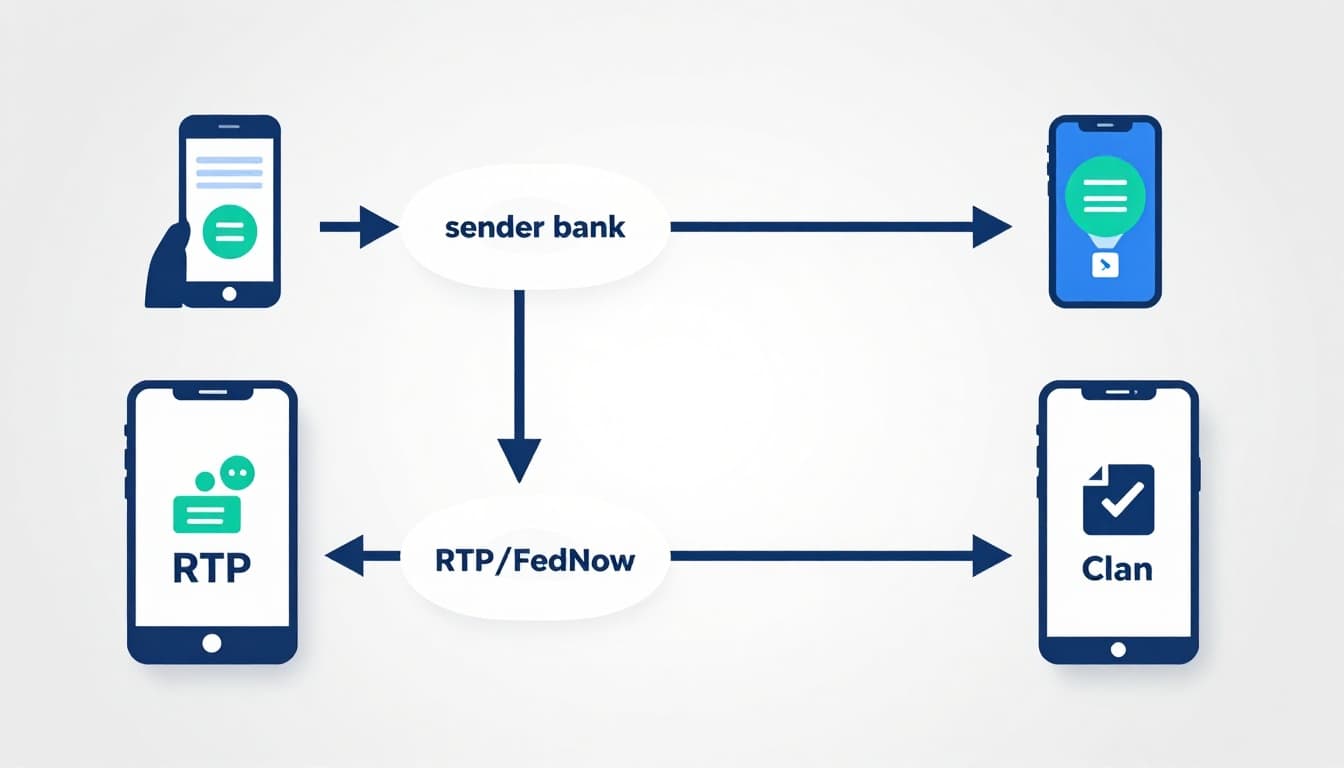 Modern illustration of a simple flowchart for US domestic real-time payment flow: sender bank to RTP/FedNow network to receiver bank, with four icons for phone app start, message send, verification, and settlement, connected by arrows in a clean blue-green palette.